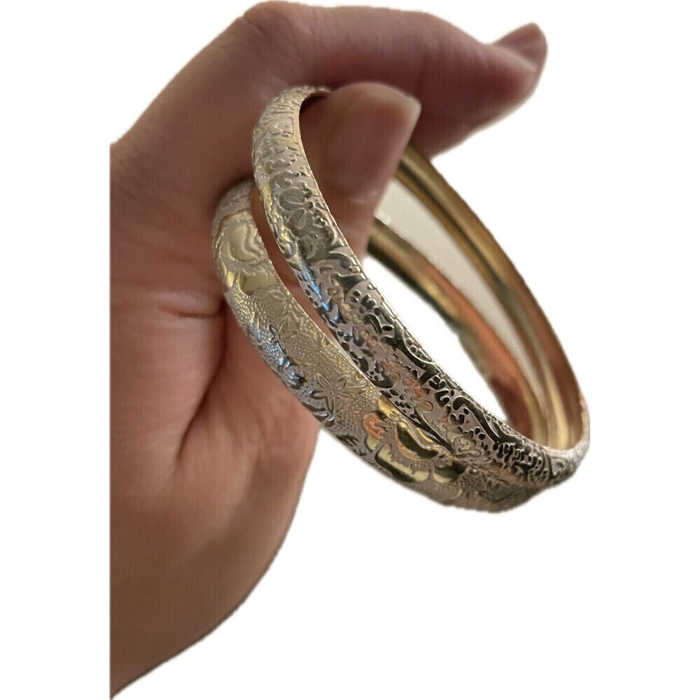 VTG/H2F Hawaii Tahiti Flower Starfish Pattern Embossed Metal Bangles Gold White